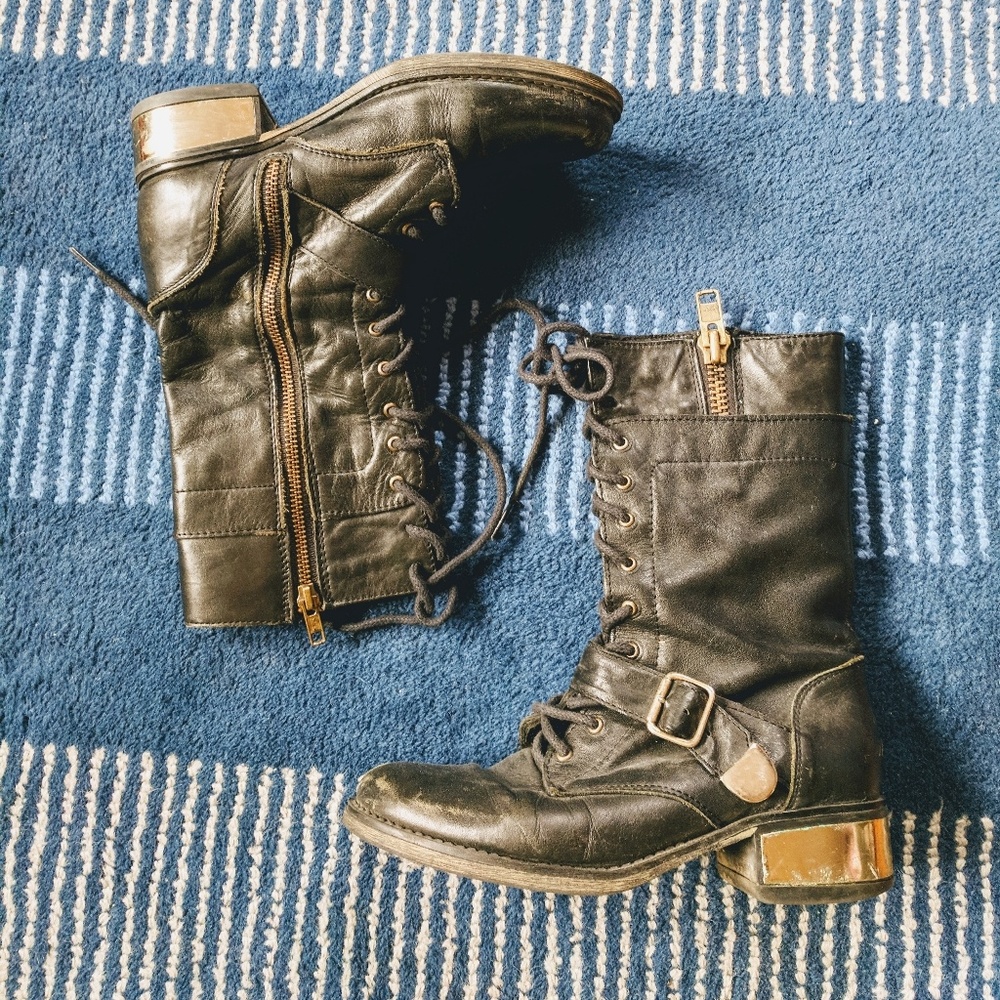 Steve madden combat boots with gold accents